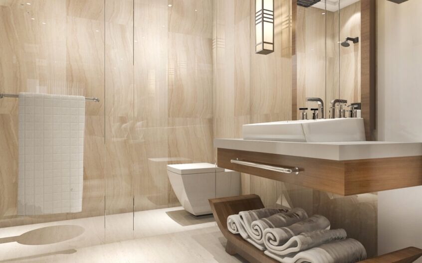 Luxury upstairs wet room with timber vanity, glass screen and rainfall shower