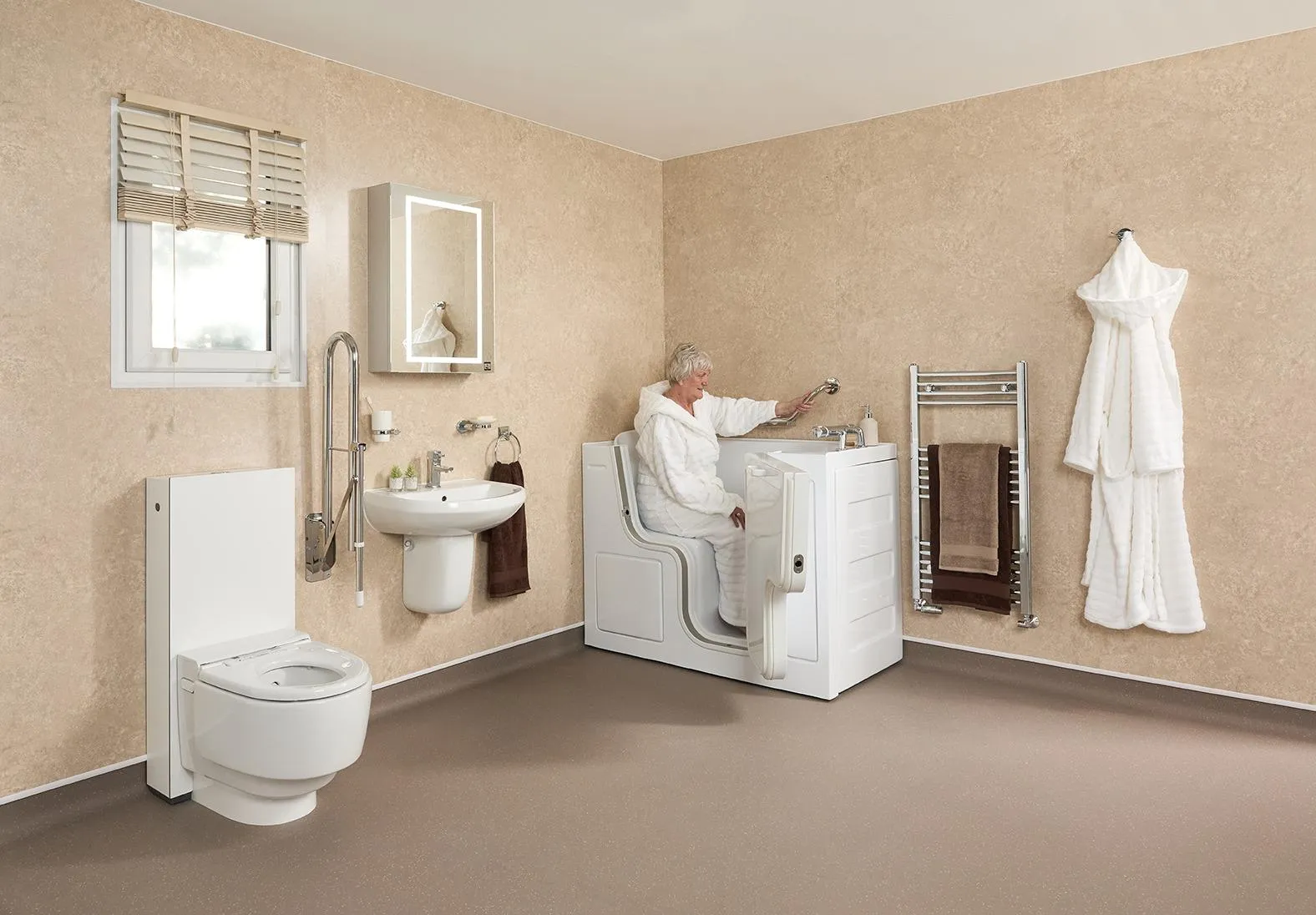 A stylish, accessible bathroom featuring Enabling Creations rails and accessories.