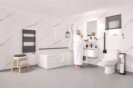 Modern accessible bathroom with a walk-in bath