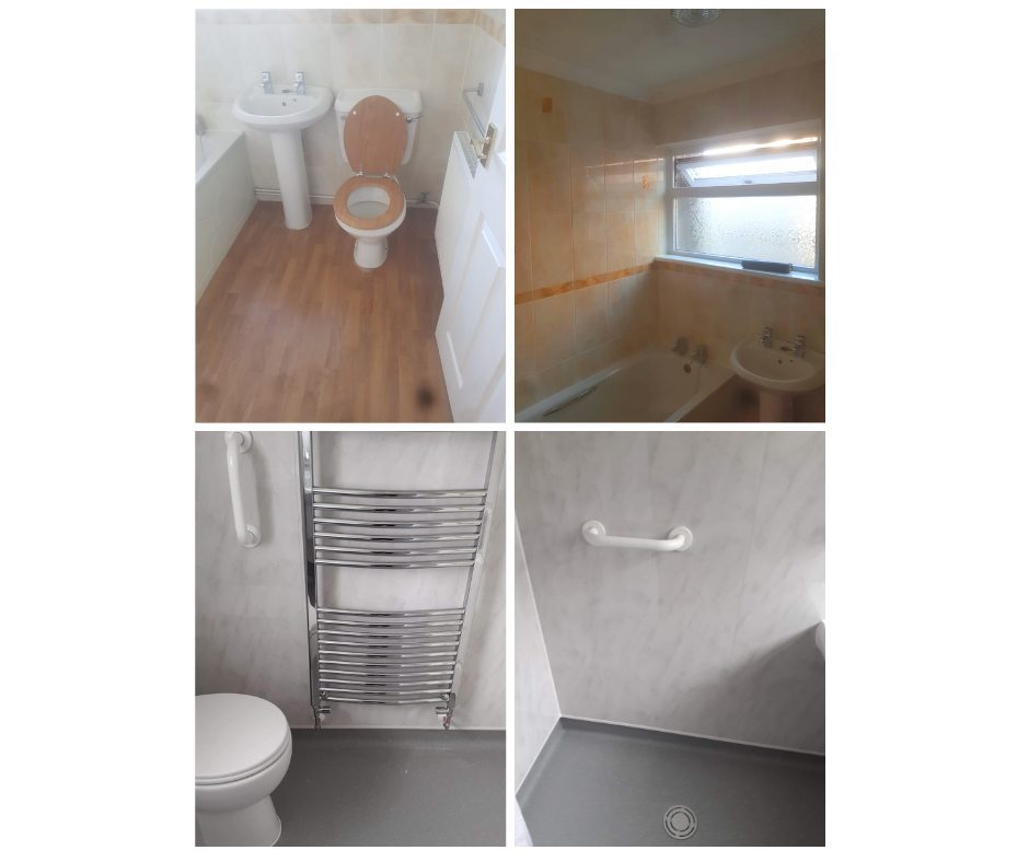 Wet room before and after photos example of how we can adapt your home for Motor Neurone Disease