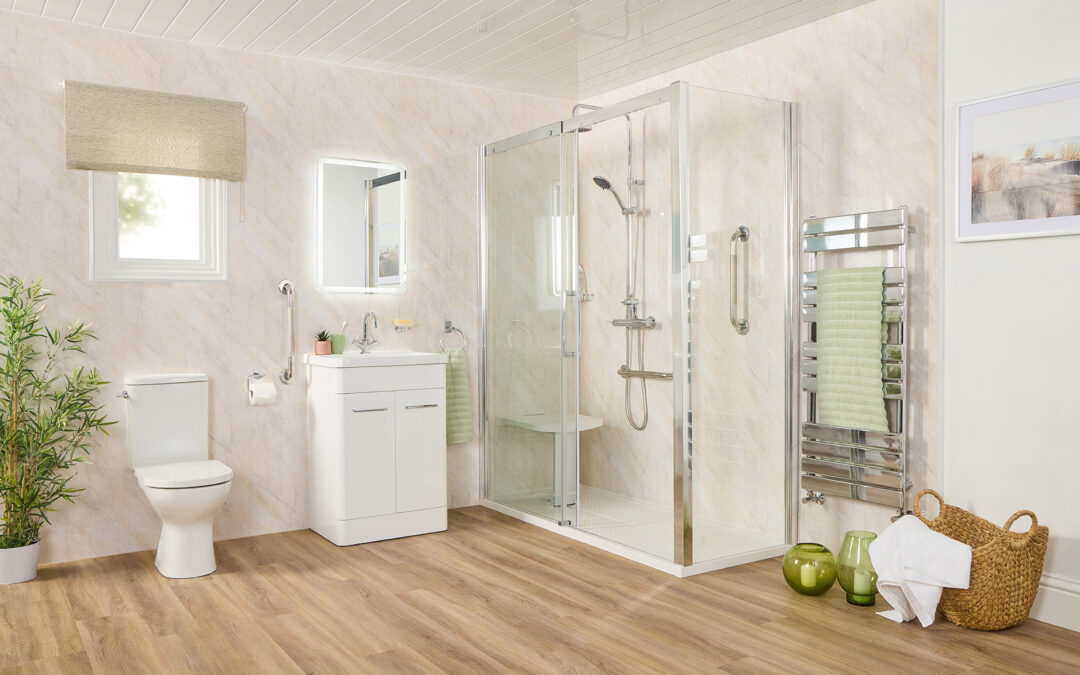 Fully adapted elderly bathroom featuring walk-in shower with seat, safety rails, and warm modern design