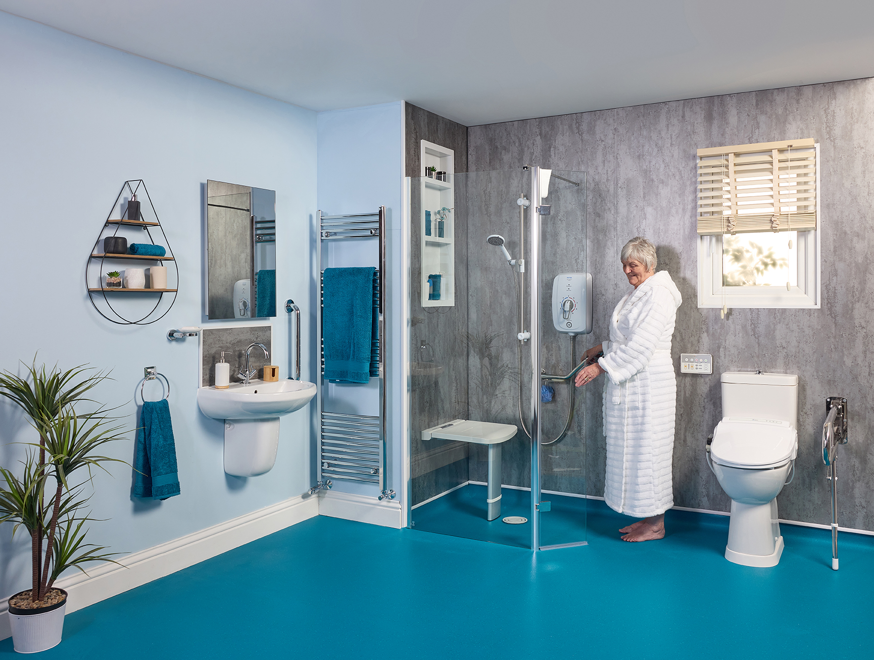Dementia friendly bathroom design with high contrast grab rails and anti-slip flooring
