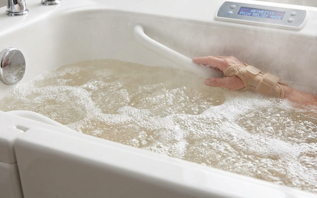 Close up of warm air spa bubbles in walk in bath for arthritis pain relief