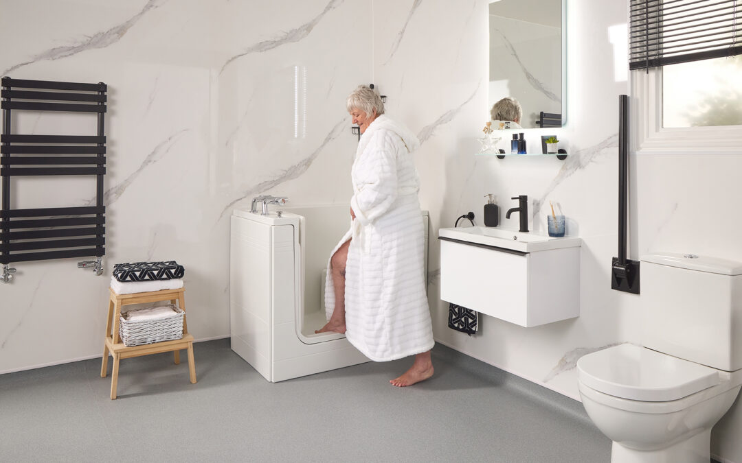 A modern low-level bath designed for elderly individuals in the UK, featuring easy access, safety grab rails, and non-slip flooring for a comfortable bathing experience.