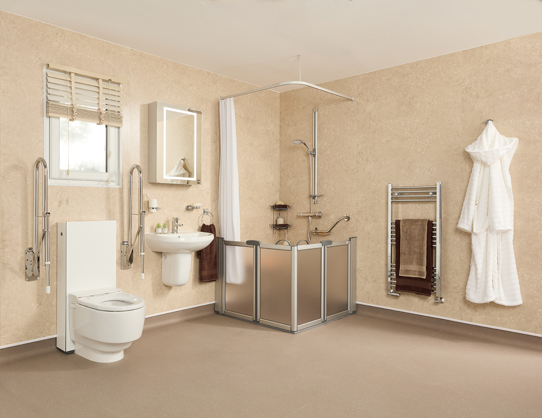 Warm earth tone disabled wet room with stone effect walls and slip resistant flooring