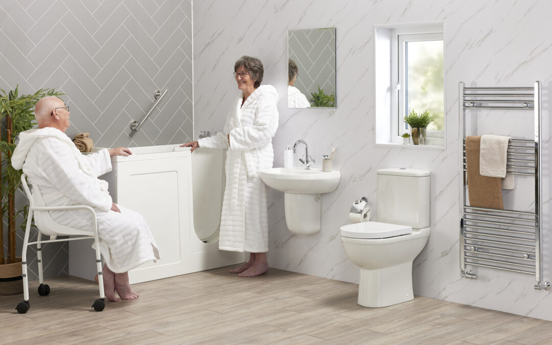 An elderly-friendly walk-in bathtub, designed with safety features such as easy entry, non-slip surfaces, and supportive grab bars to ensure a safe and comfortable bathing experience.