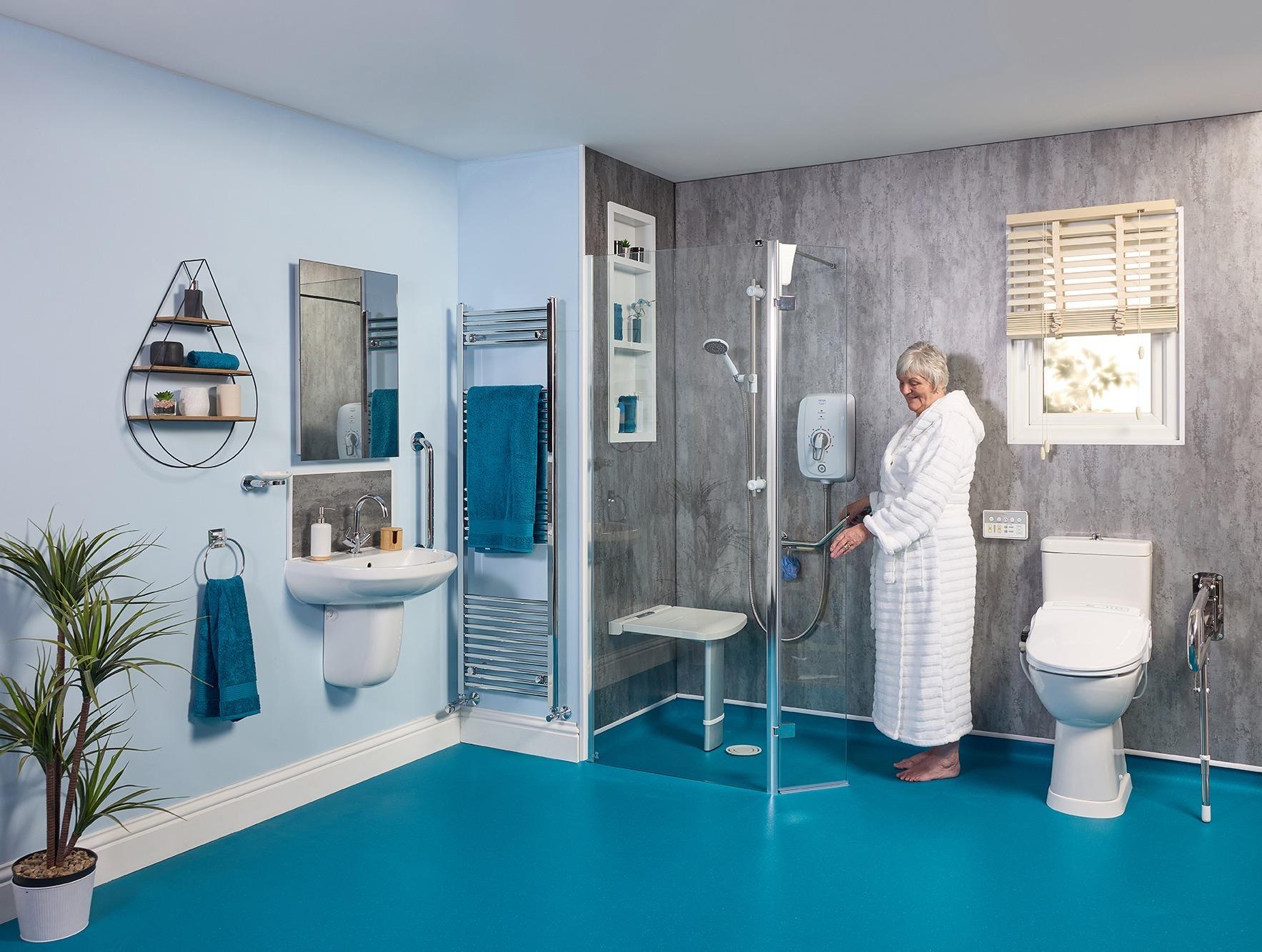 Accessible wet room installed by EA Mobility with open shower area and safety features