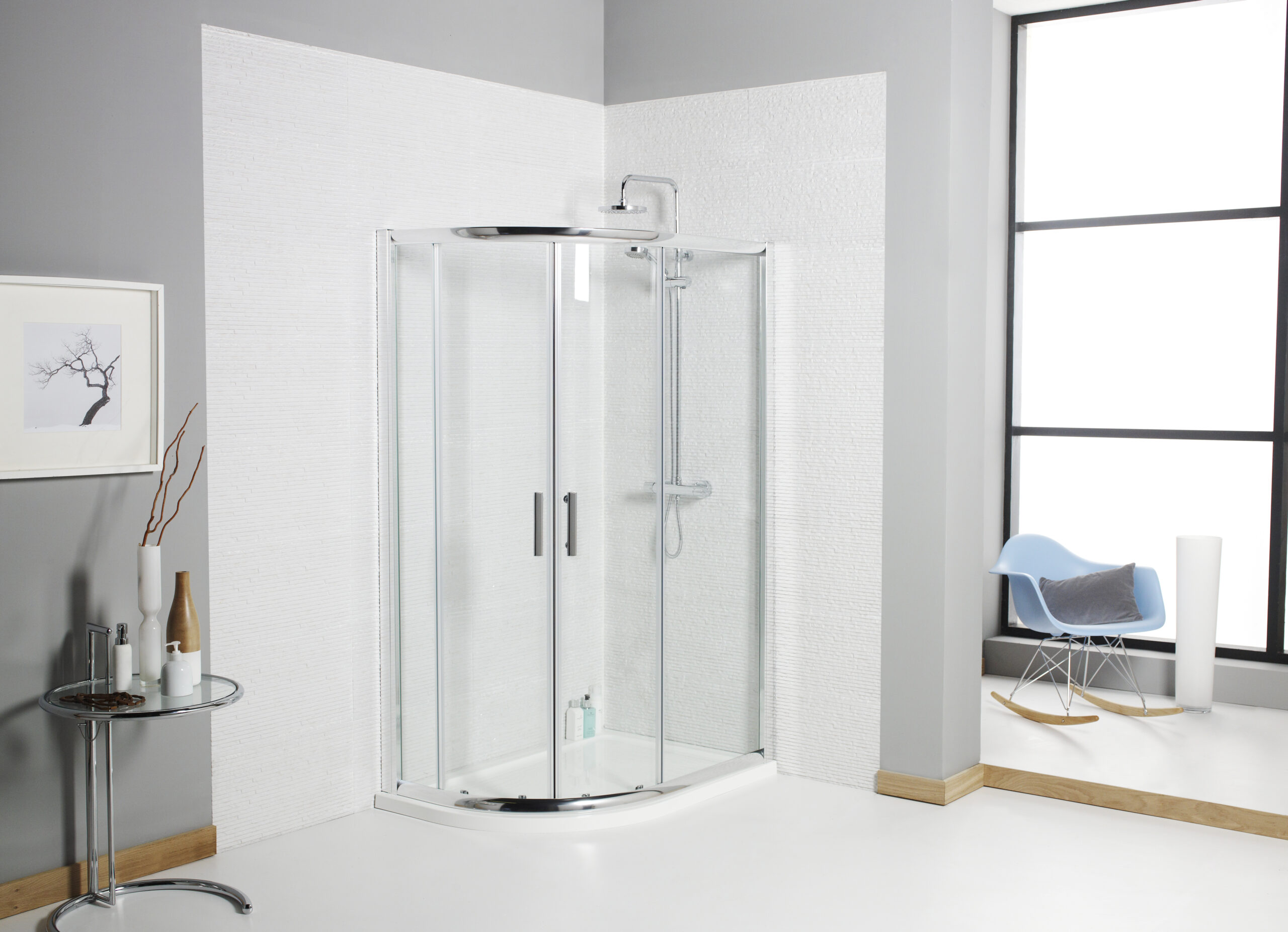 Space saving corner shower cubicle for small bathrooms
