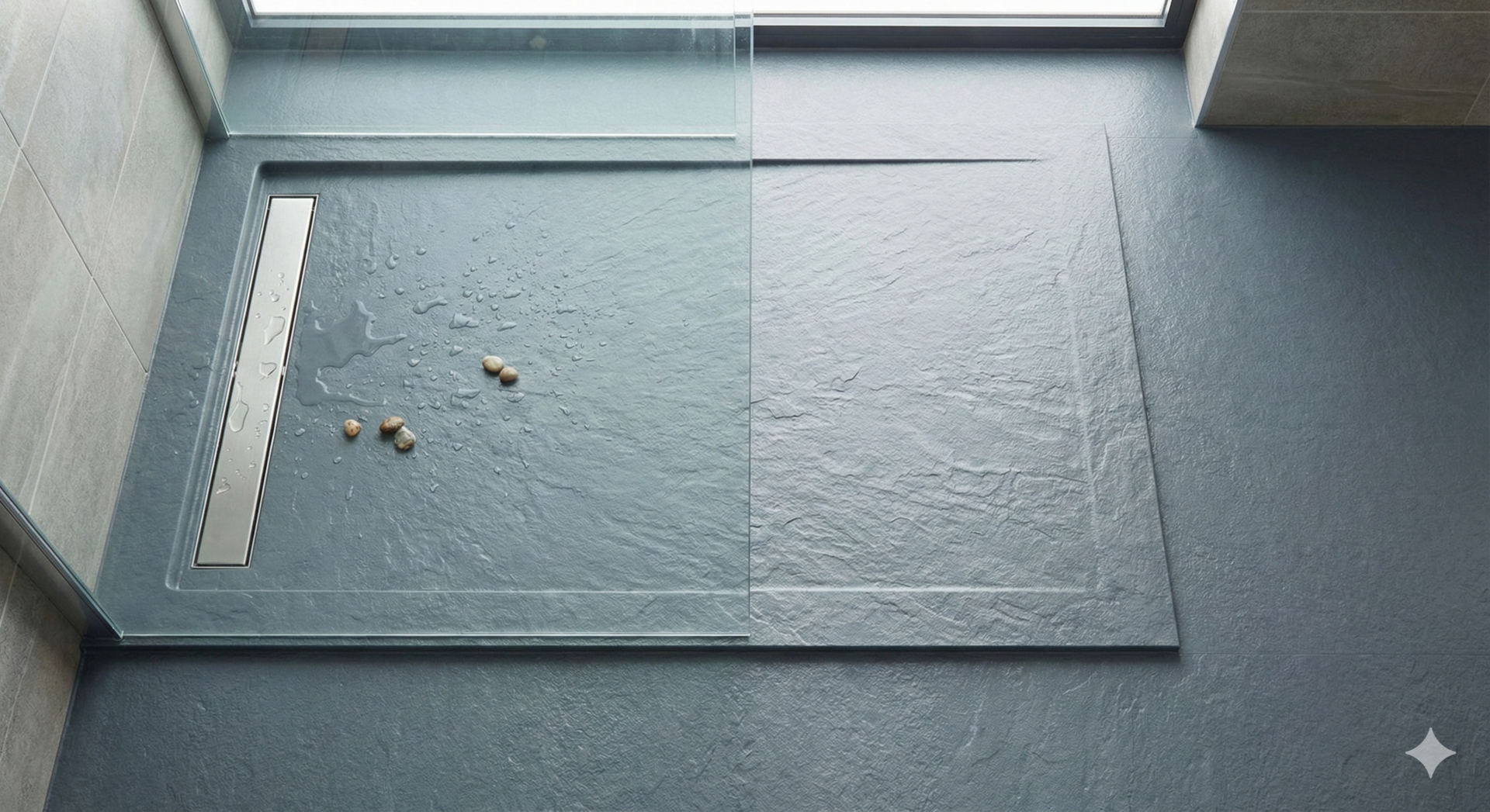 Top-down view of a grey slate-effect shower tray that matches the surrounding slate-effect flooring. The seamless colour and texture transition demonstrates the continuous flooring technique, designed to make the bathroom floor area look larger than it is.
