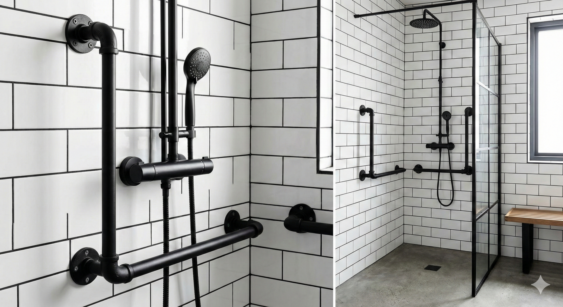 Modern matte black safety grab rails mounted on white subway tiles, creating high-contrast visibility for visually impaired users.