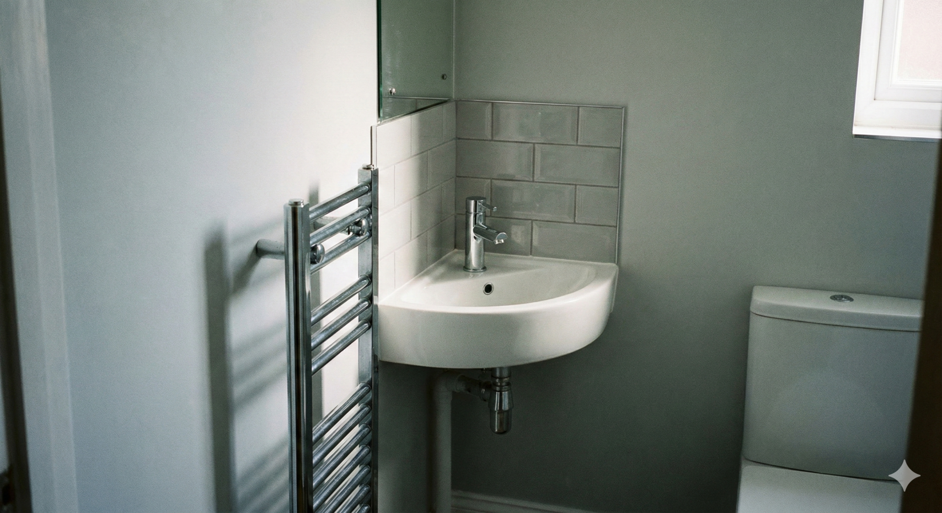 A compact white corner basin mounted in a small bathroom. The basin features a single monobloc mixer tap to maximise washing space and is tucked into the corner, allowing room for a chrome heated towel rail on the adjacent wall.