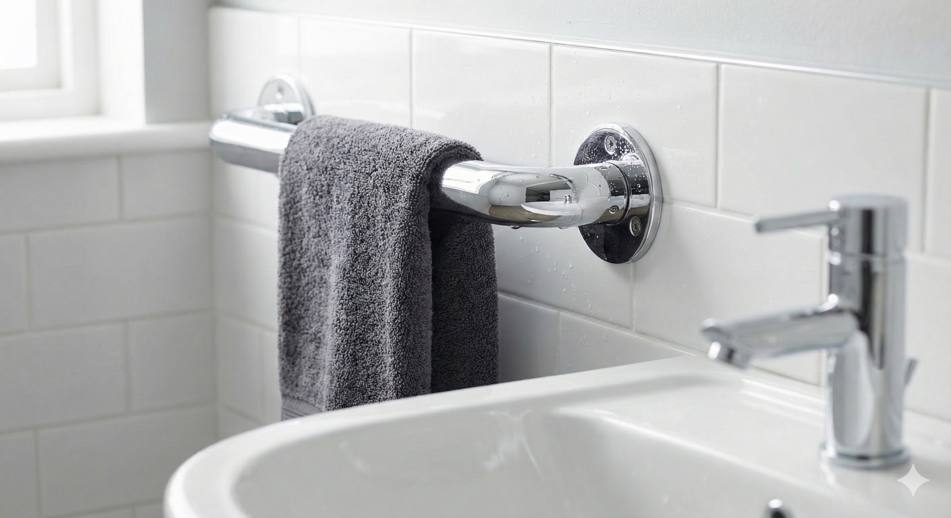 Space-saving 2-in-1 chrome safety grab rail doubling as a towel holder in a small accessible bathroom.