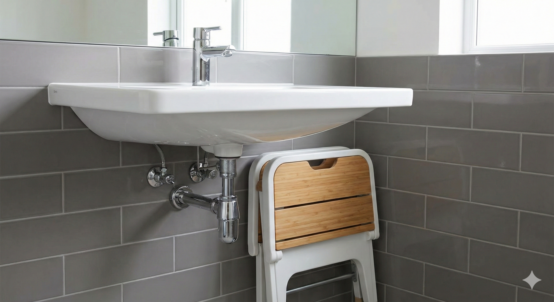 Close-up of a modern white floating basin mounted on a grey tiled wall. The image highlights the exposed chrome bottle trap plumbing entering the wall, eliminating the need for a pedestal and creating essential knee space for seated users or wheelchair access.