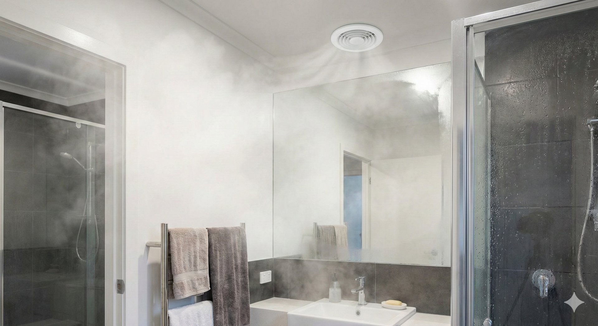 Discreet circular inline extractor fan vent on a bathroom ceiling to remove steam quickly and prevent mould.