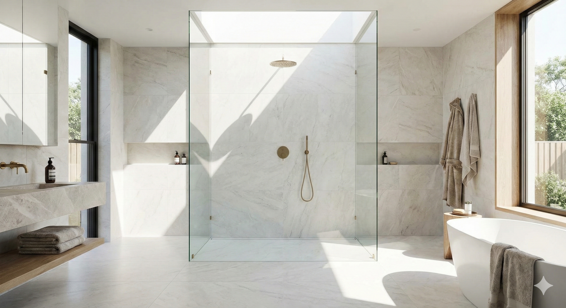A luxury bathroom featuring a floor-to-ceiling frameless glass shower enclosure. The clear glass allows natural light to flow freely through the space without visual obstruction, demonstrating how frameless screens make a room feel larger and more open.