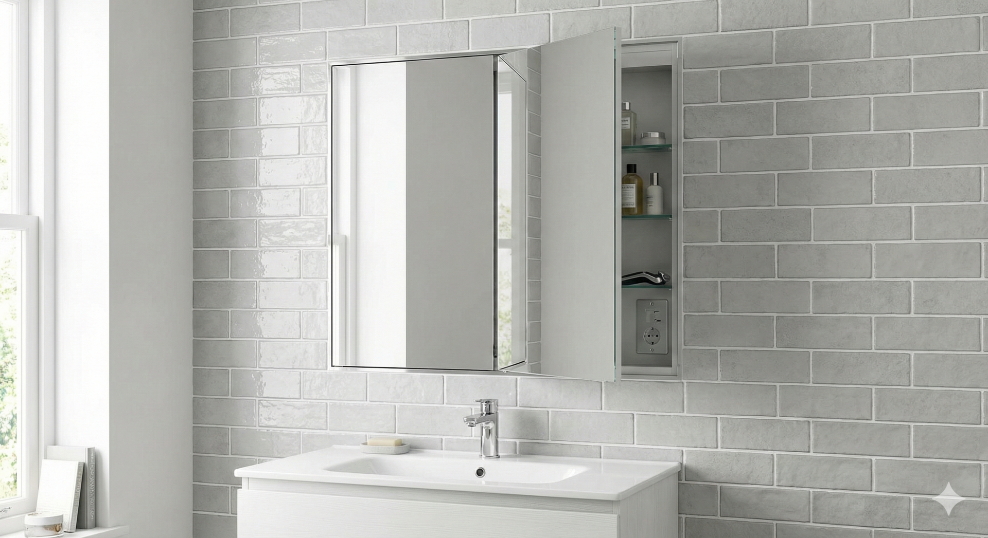 A bathroom mirror cabinet recessed flush into a grey subway-tiled wall above a white vanity unit. One mirrored door is open, revealing internal glass shelving and a built-in shaver socket, illustrating how to combine storage, lighting, and power without encroaching on room space.