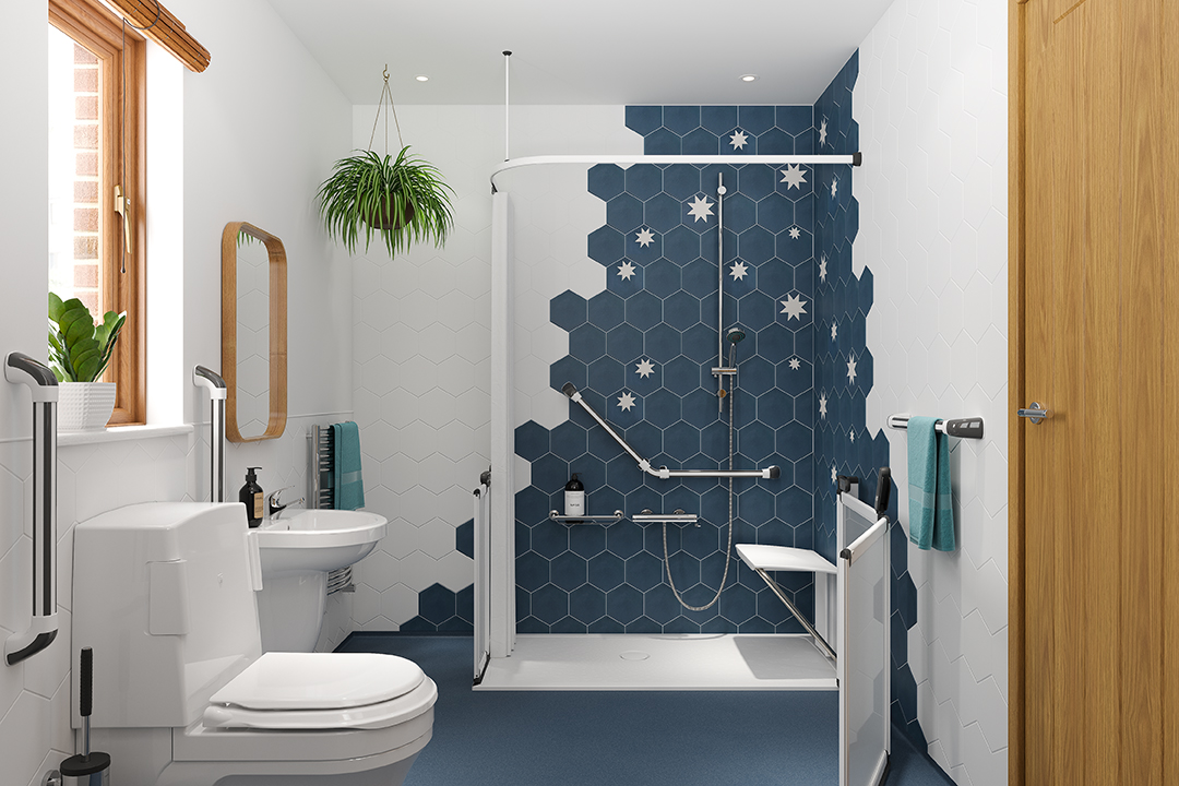 Stylish blue accessible shower with half height doors and fold down seat