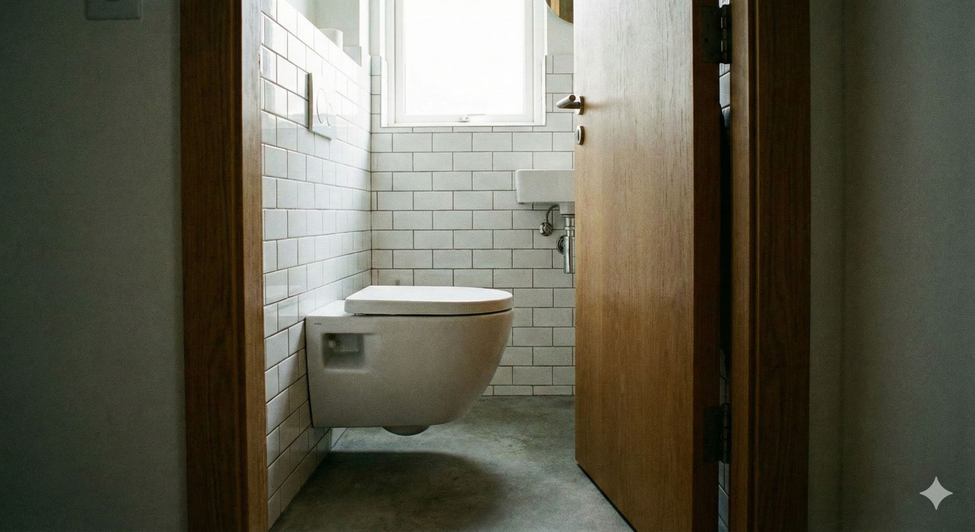 View from a bathroom doorway showing a white short-projection toilet mounted on a subway-tiled wall. The open wooden door swings inward closely past the toilet bowl, demonstrating how a compact toilet design prevents the door from hitting the sanitaryware in narrow rooms.