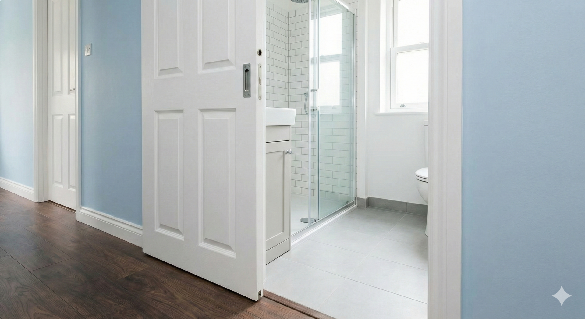 A white wooden sliding pocket door partially open, disappearing into the blue wall cavity. The door reveals a compact bathroom with a shower and vanity, demonstrating how removing the door swing creates clear, obstacle-free access to the room.