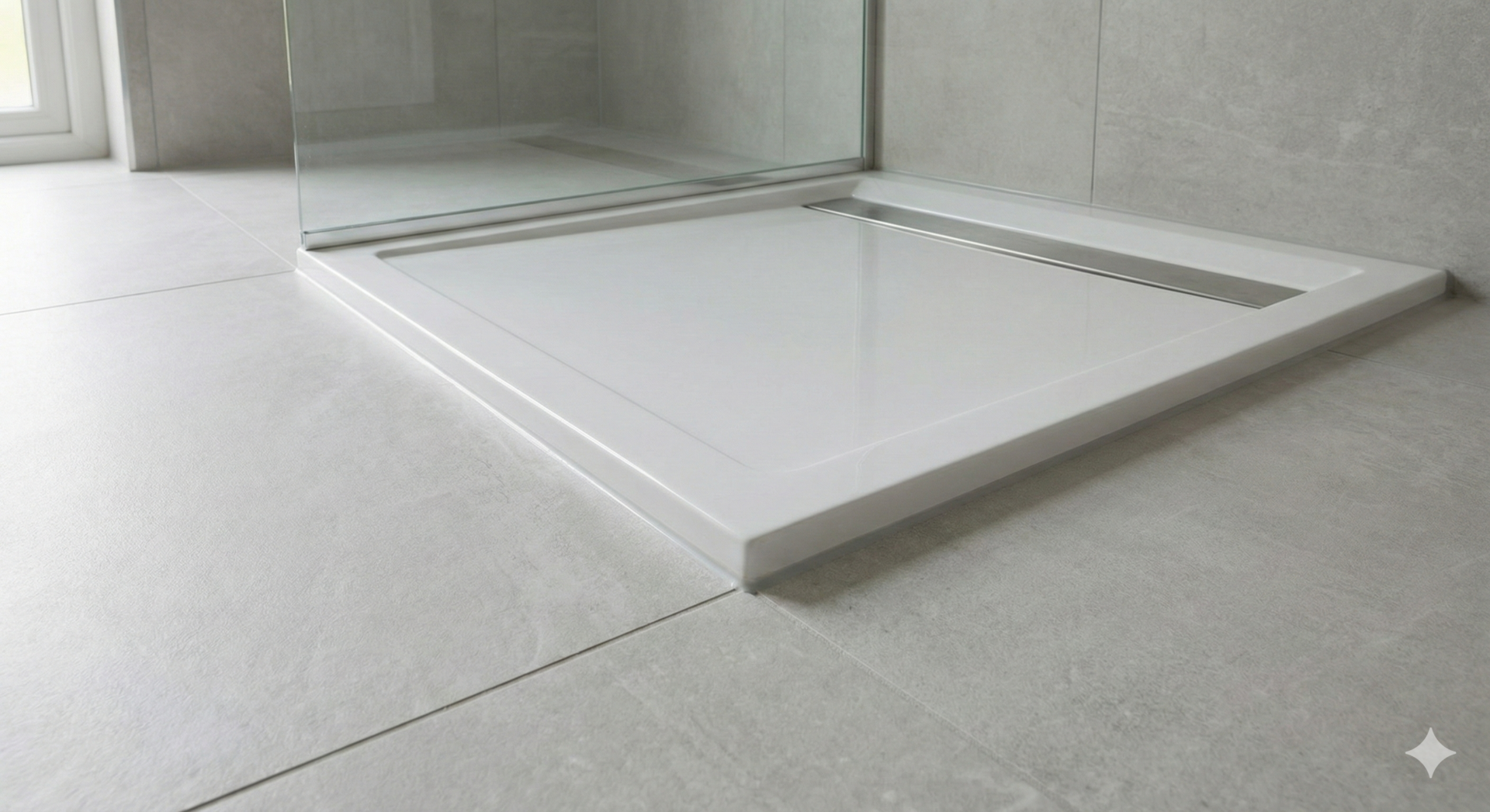 Close-up of a white ultra-low profile shower tray installed on grey bathroom floor tiles. The image highlights the minimal step height of the slimline tray, demonstrating how it reduces trip hazards and creates a sleek, modern look compared to standard raised trays.