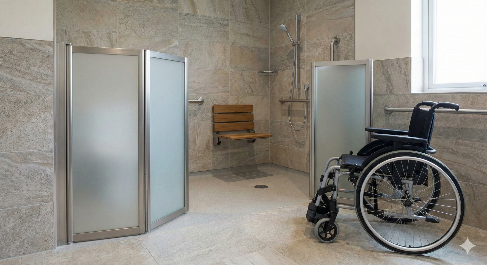 An accessible shower room designed for assisted bathing, featuring half-height frosted doors that open wide for easy wheelchair access. The shower area includes a wall-mounted wooden fold-down seat and safety grab rails, allowing carers to assist comfortably.
