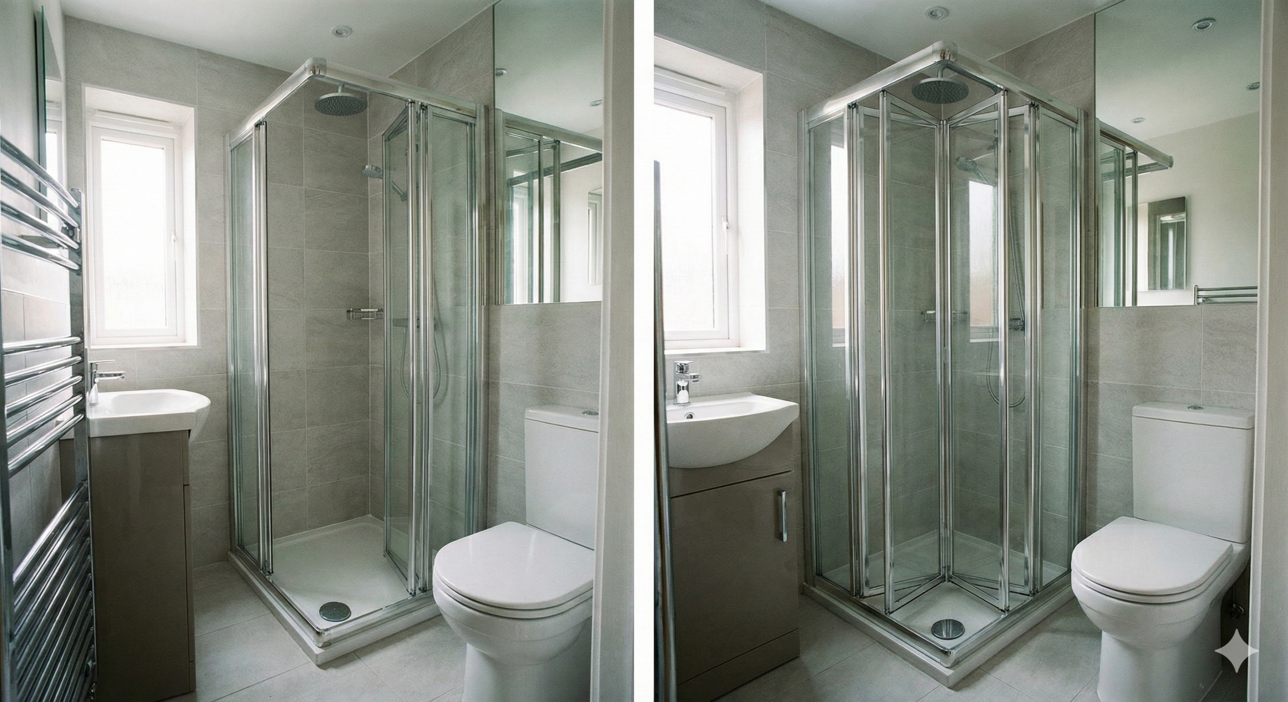 Corner entry shower enclosure with wide access for disabled users