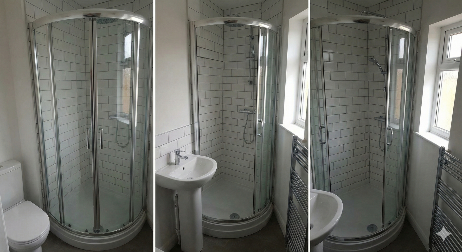 Three views of a quadrant shower enclosure installed in a small ensuite bathroom. The curved shape of the tray allows the shower to fit tightly in the corner next to a pedestal sink and towel radiator, illustrating how a curved profile saves floor space compared to a square tray.