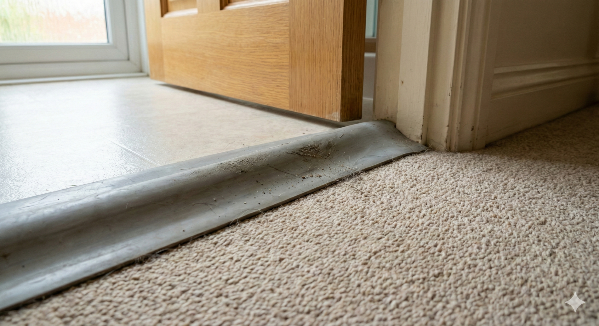 Collapsible rubber water threshold barrier installed at a bathroom door to prevent leaks while allowing wheelchair access.