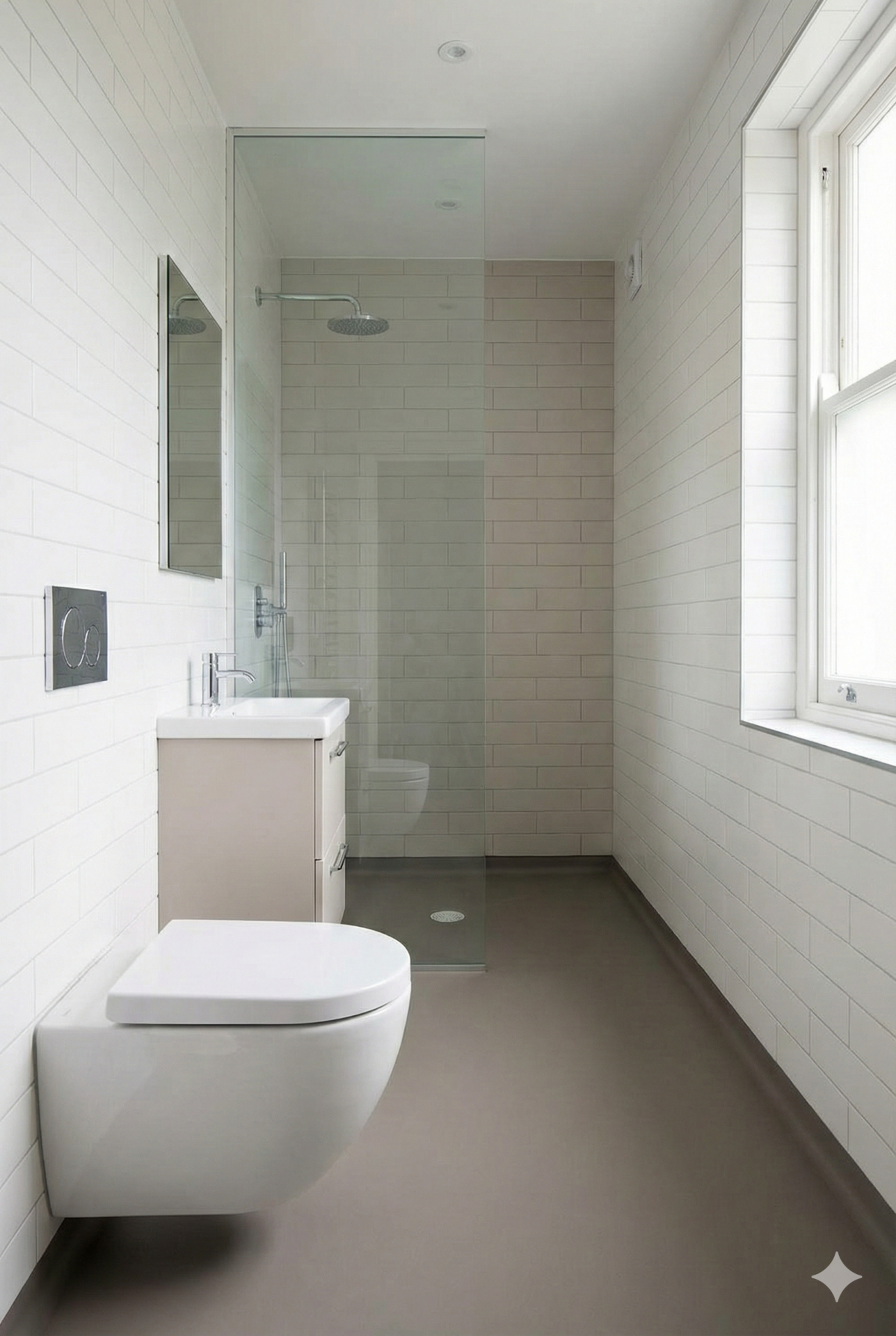 A modern, narrow galley-style bathroom featuring a walk-through shower layout. The shower is positioned at the far end of the room behind a single fixed glass screen with an open entry, maximising space in the tight corridor-like shape. A wall-hung toilet and floating vanity keep the floor area clear.
