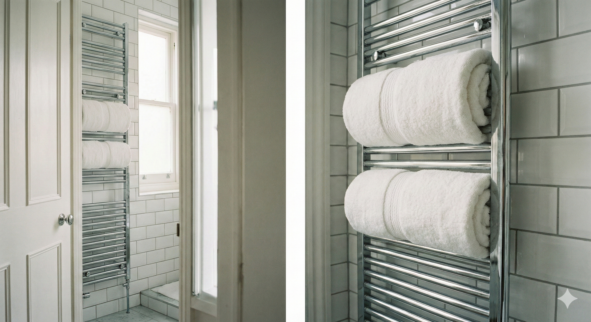 Split view of a floor-to-ceiling vertical chrome heated towel rail installed in a narrow wall space next to a bathroom door. The tall, thin design demonstrates how to provide heating and towel storage in a tight bathroom without occupying wide sections of wall space.