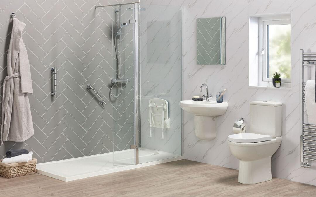Modern walk-in shower featuring a barrier-free design for easy access.