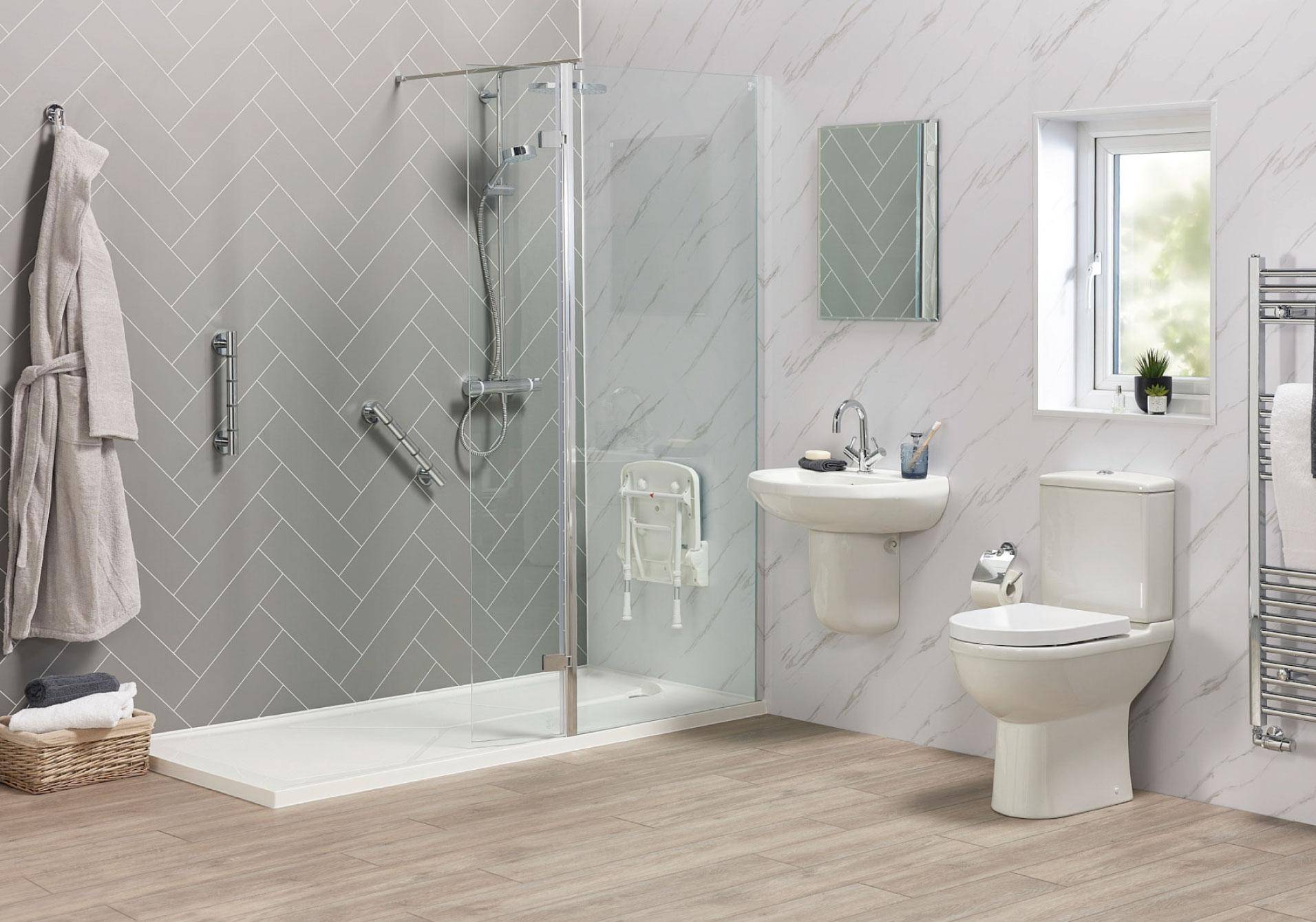 Modern walk-in shower featuring a barrier-free design for easy access.