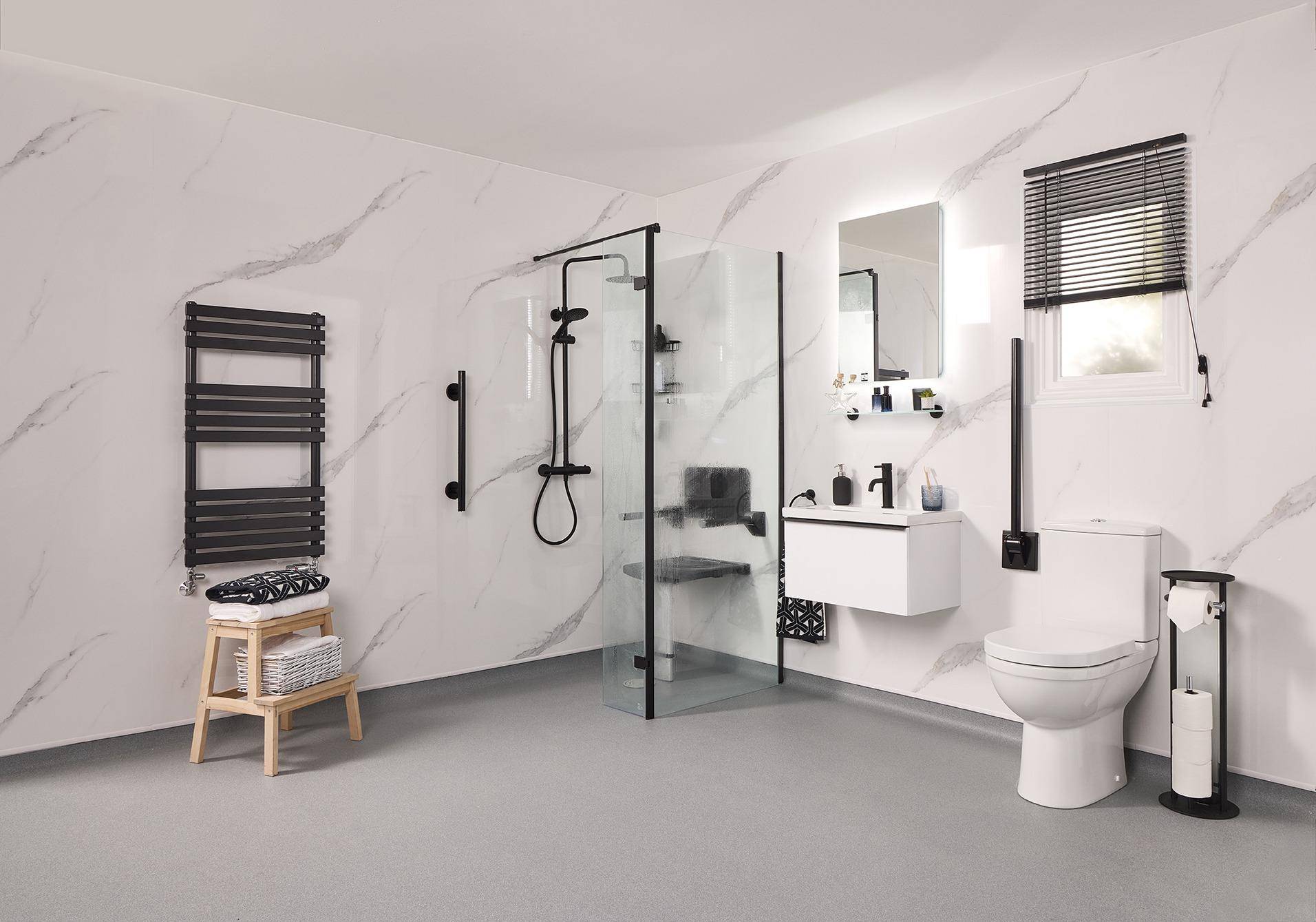 Stylish wet room featuring accessible design for mobility needs.