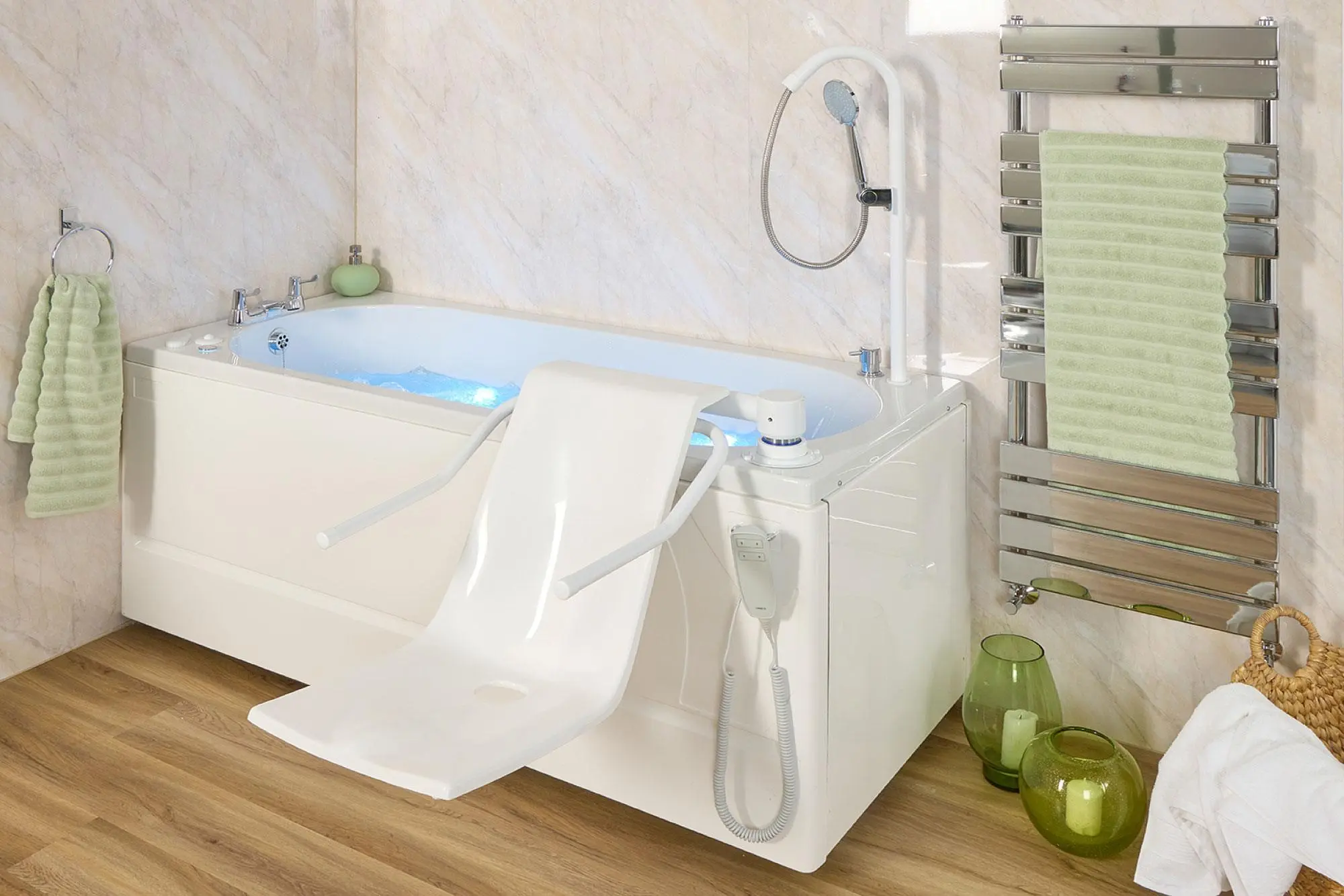 Walk-in bath featuring a door for easy entry and safe bathing.
