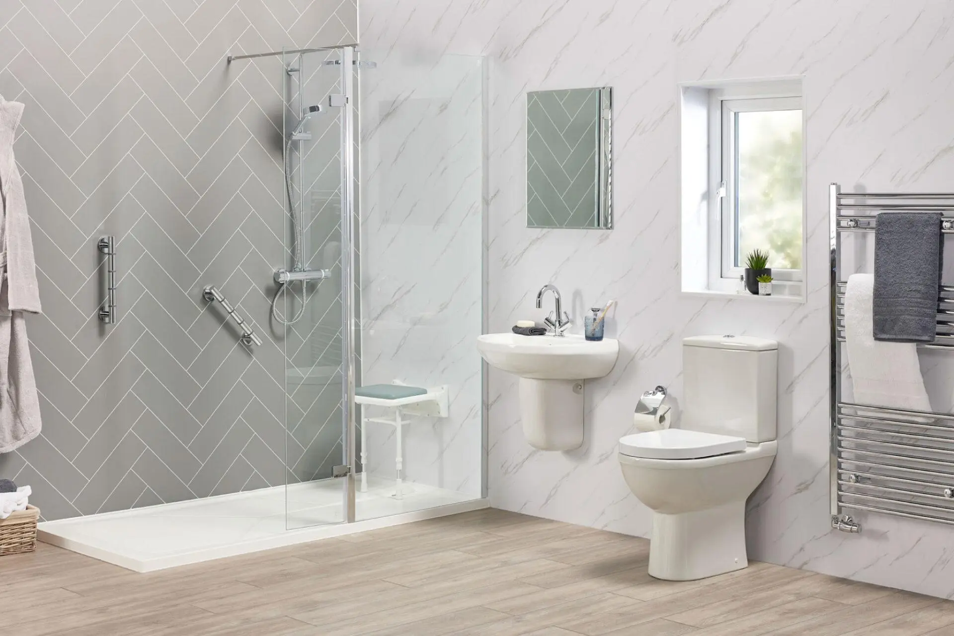 Modern walk-in shower with frameless glass, rain showerhead, bench seating, and minimalist design.