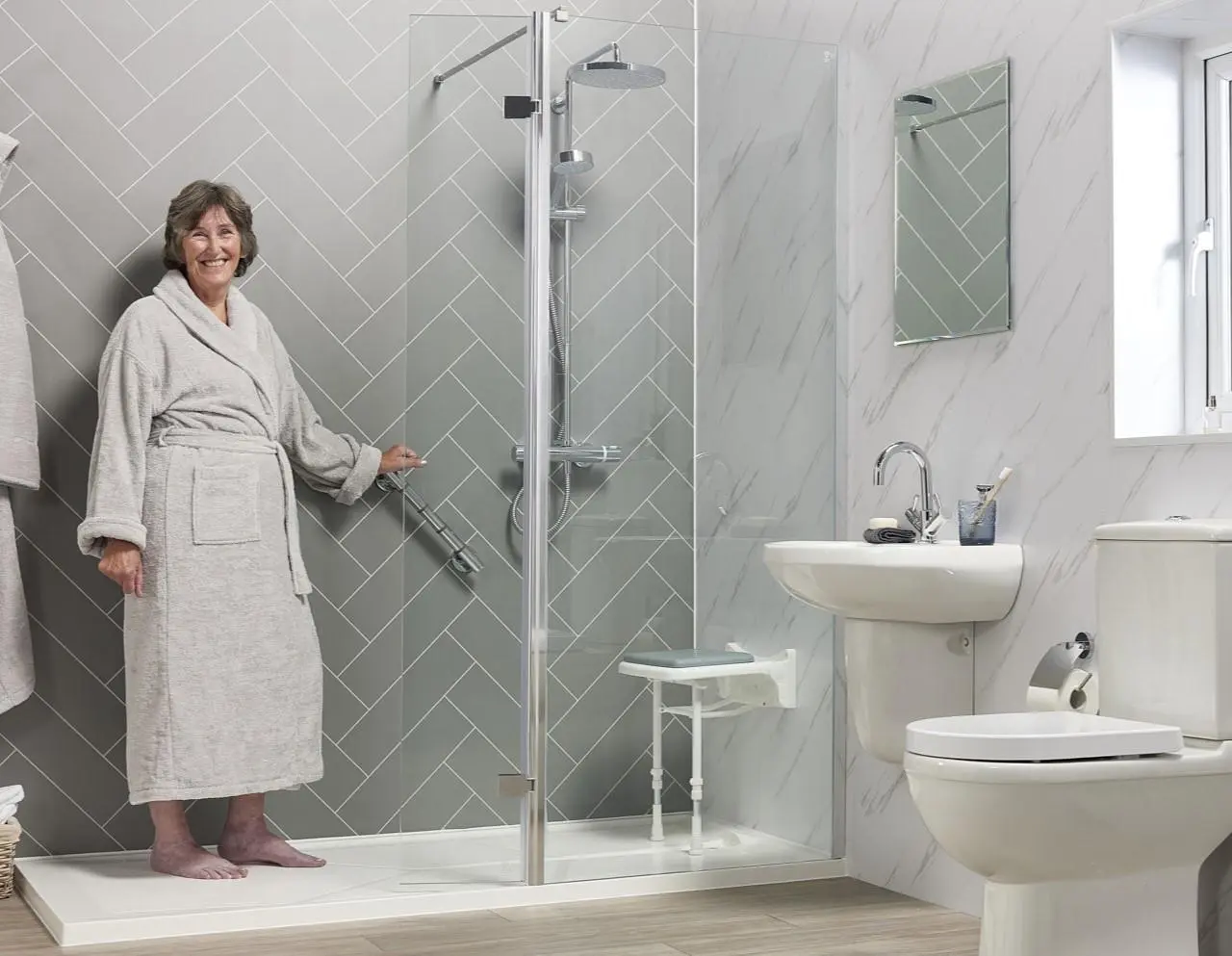 Customisable wet room with accessible features tailored to individual needs.