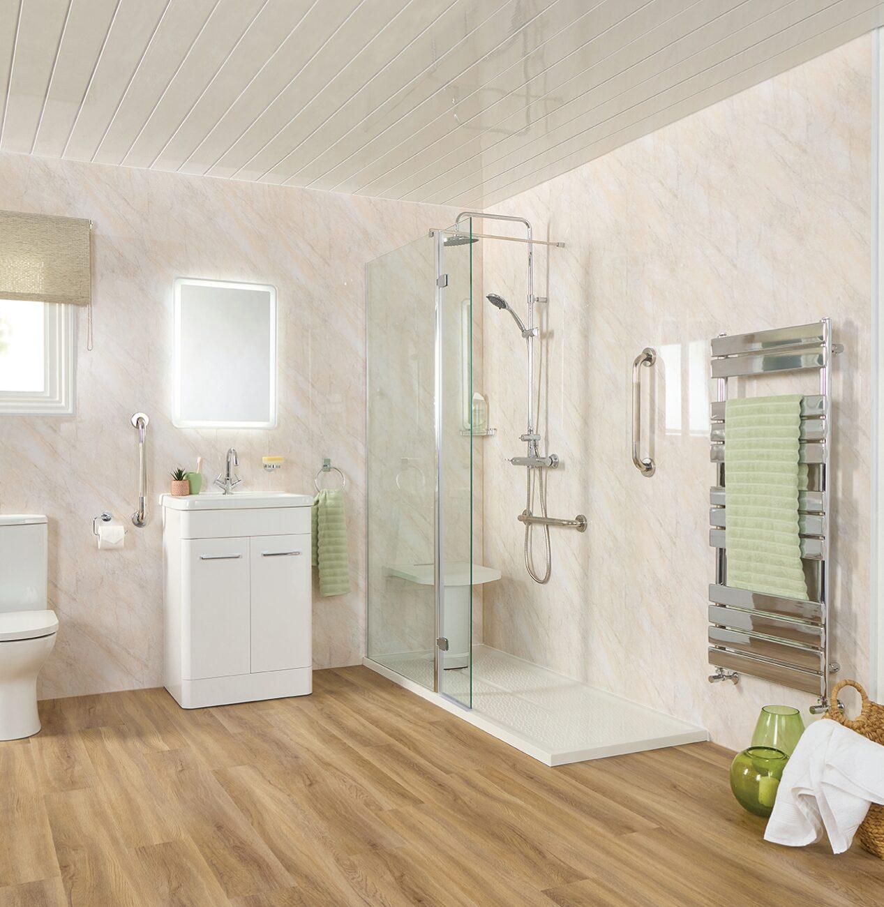 A contemporary low-level access shower with a minimal step entry, slip-resistant flooring, and support rails for ease of use.