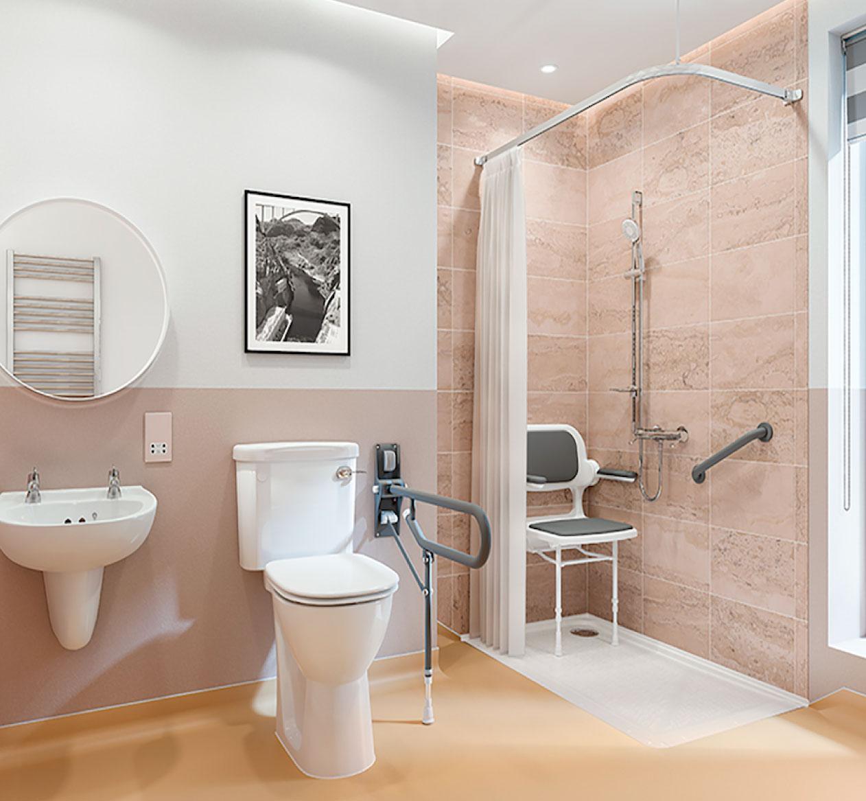 A level-access shower designed for elderly and disabled users, featuring slip-resistant flooring, grab rails, and a fold-down seat.