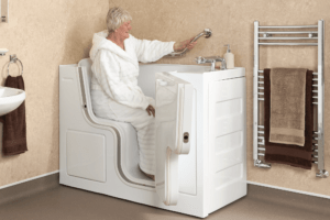 Serenity mini walk-in bath featuring an ergonomic ramped seat designed for comfortable and supportive bathing.