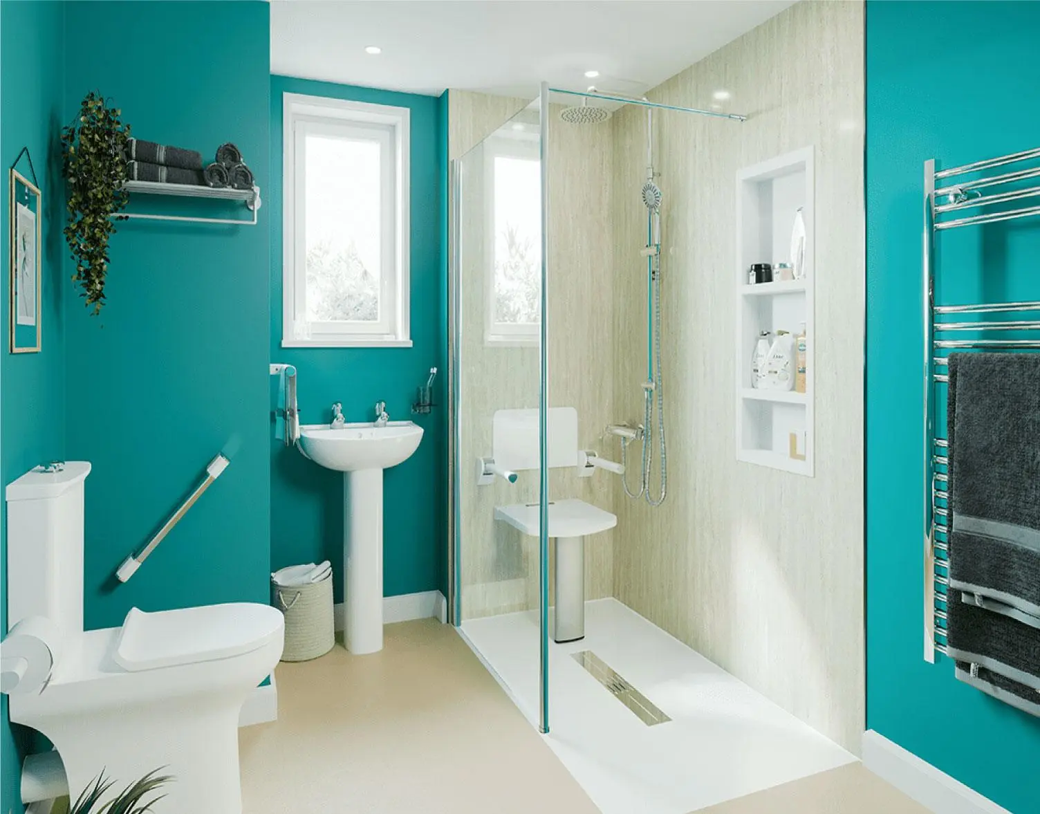 Customisable wet room with accessible features tailored to individual needs.