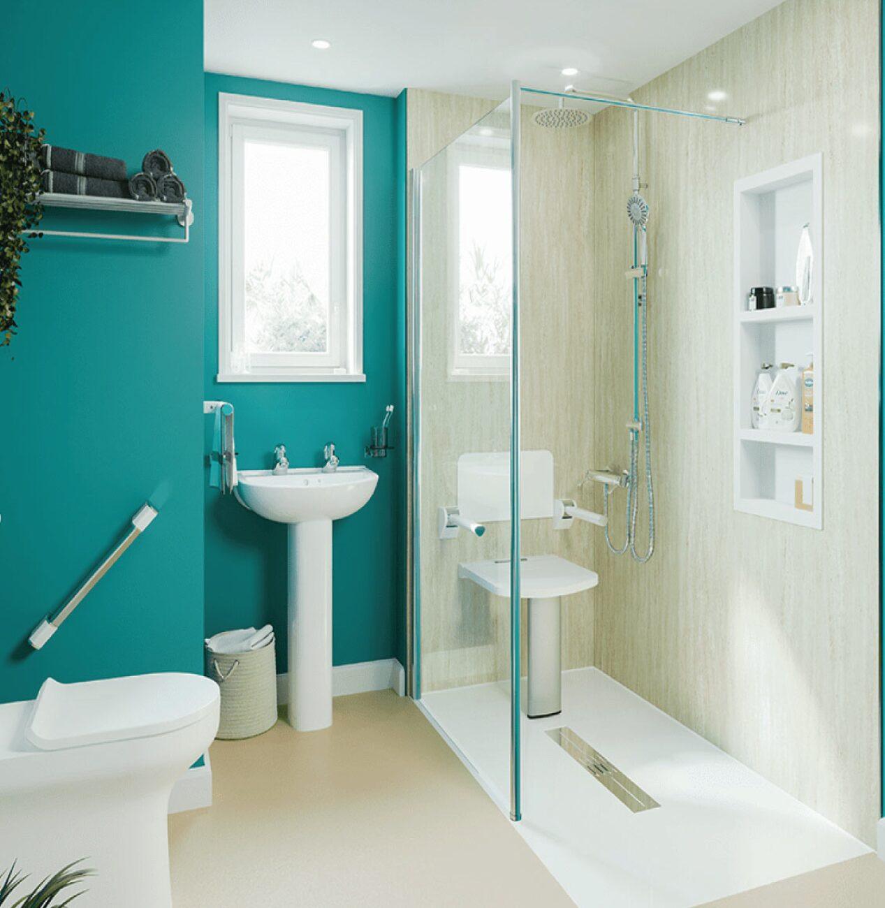 A modern wheelchair-accessible shower with level access, grab rails, and a fold-down seat for safety and convenience.