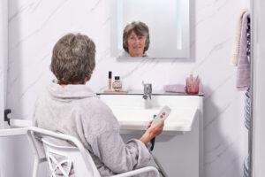 Accessible washbasin with ergonomic design for ease of use and mobility support.