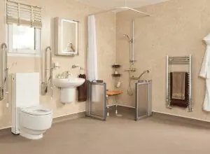 Symmetrical design elements in a large disabled wet room