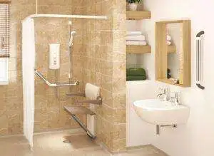 Built-in integrated seating in a luxury disabled wet room
