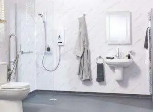 Minimalist disabled wet room design with sleek, functional features