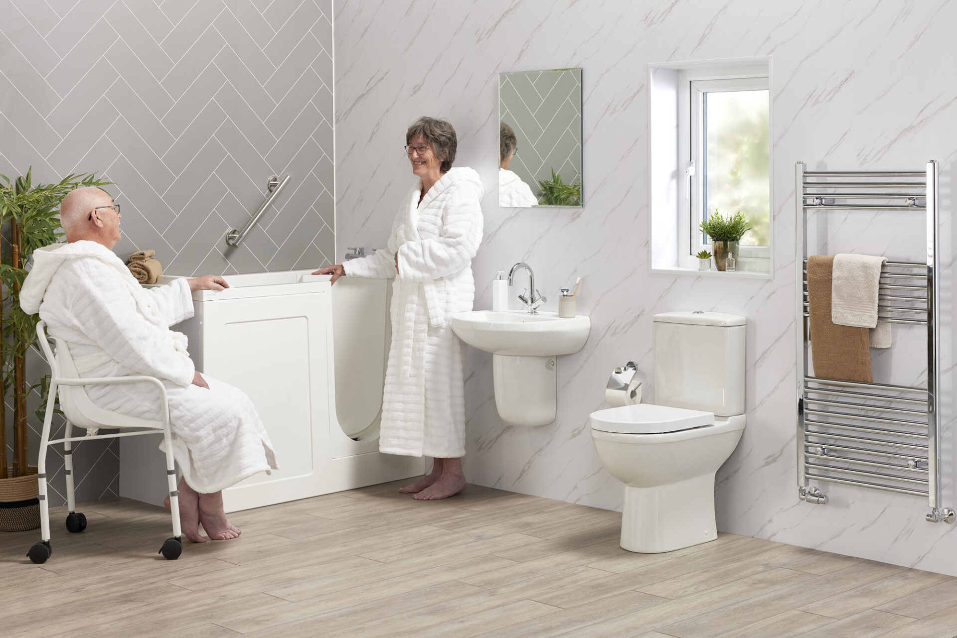 Transform Your Bathroom with Compact Bathing Solutions A modern bathroom featuring compact bathing solutions designed for space efficiency and accessibility.