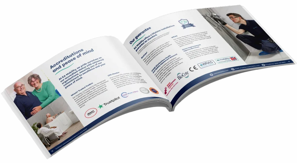Open brochure from EA Mobility, showcasing mobility solutions and home adaptations.