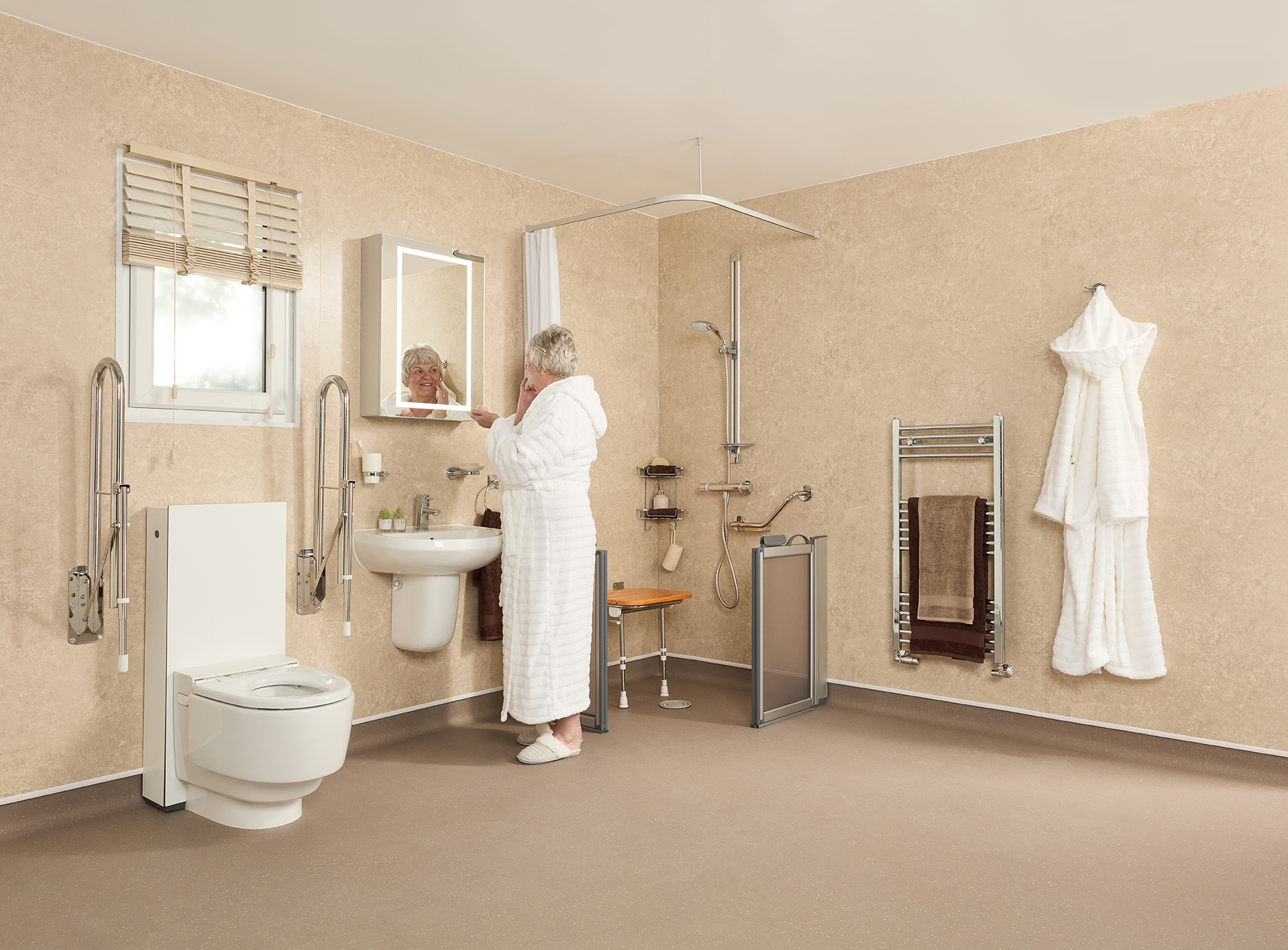 Level-access wet room with walk-in shower, installed by EA Mobility